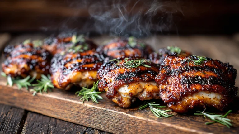 Perfectly grilled bone-in chicken thighs with crispy golden skin and BBQ glaze on a rustic wooden cutting board
