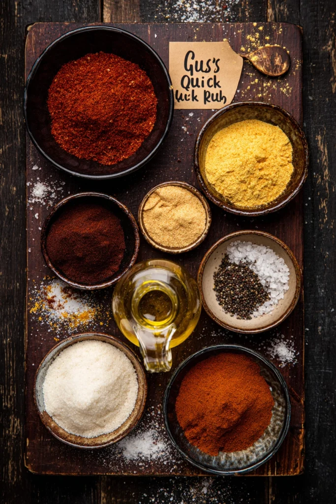Overhead view of BBQ spice rub ingredients in ceramic bowls: smoked paprika, garlic powder, brown sugar, salt, and olive oil