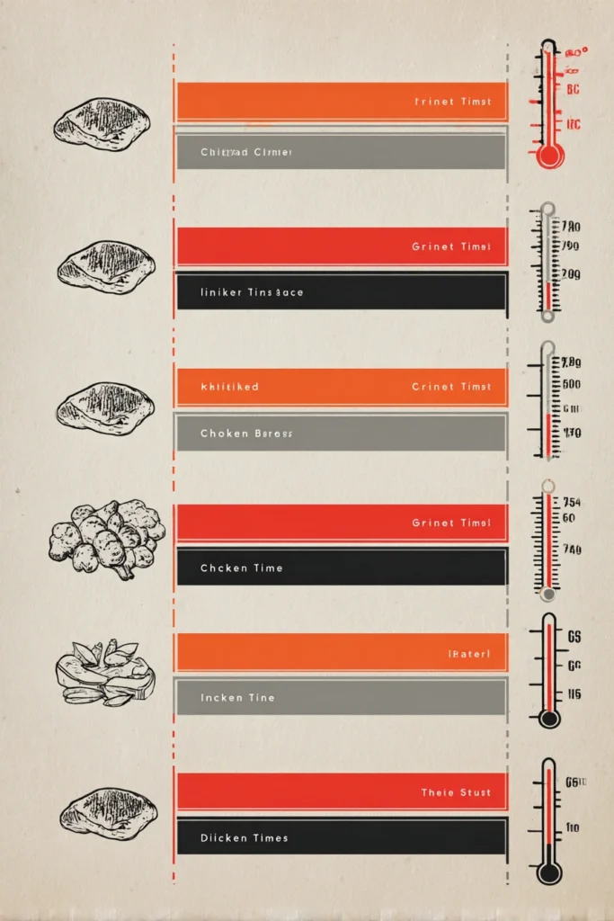 Infographic showing BBQ grilling times for frozen chicken breasts, thighs, tenders, and thin-sliced cuts with indirect and direct heat durations
