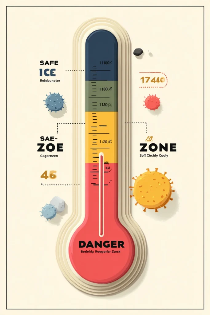 Temperature danger zone infographic showing bacteria growth range 40°F to 140°F and safe chicken temperature 165°F