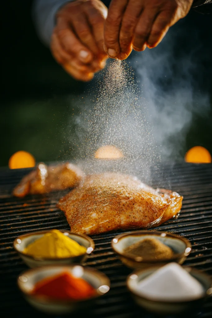 Hands applying smoky spice rub to partially thawed chicken breast on the grill with spice bowls in background