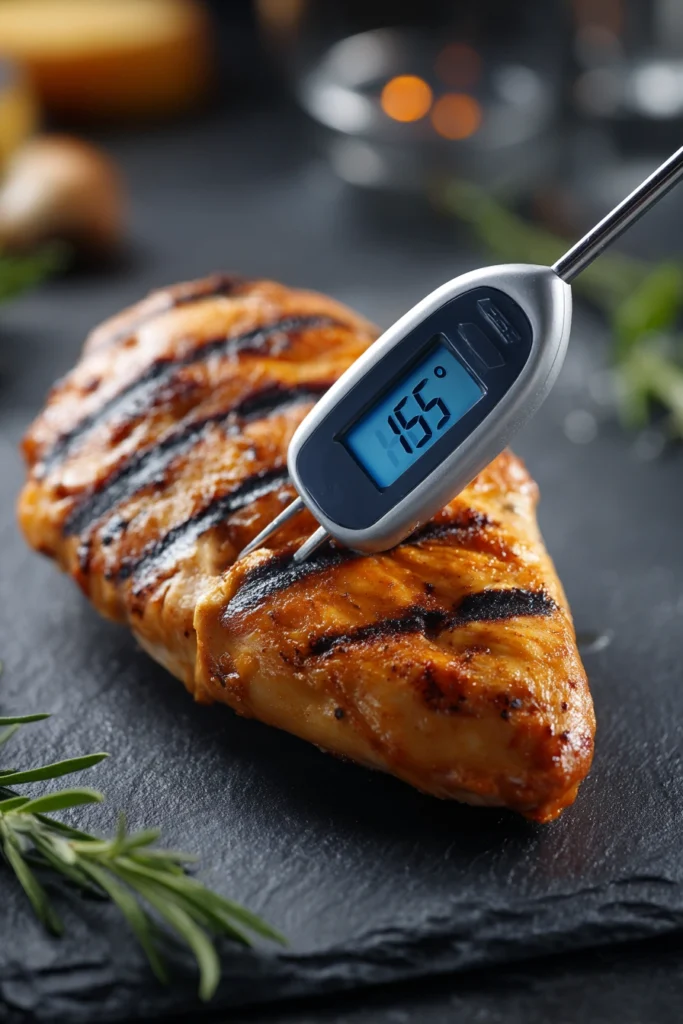 Digital meat thermometer showing 165°F safe internal temperature inserted in a grilled chicken breast with grill marks