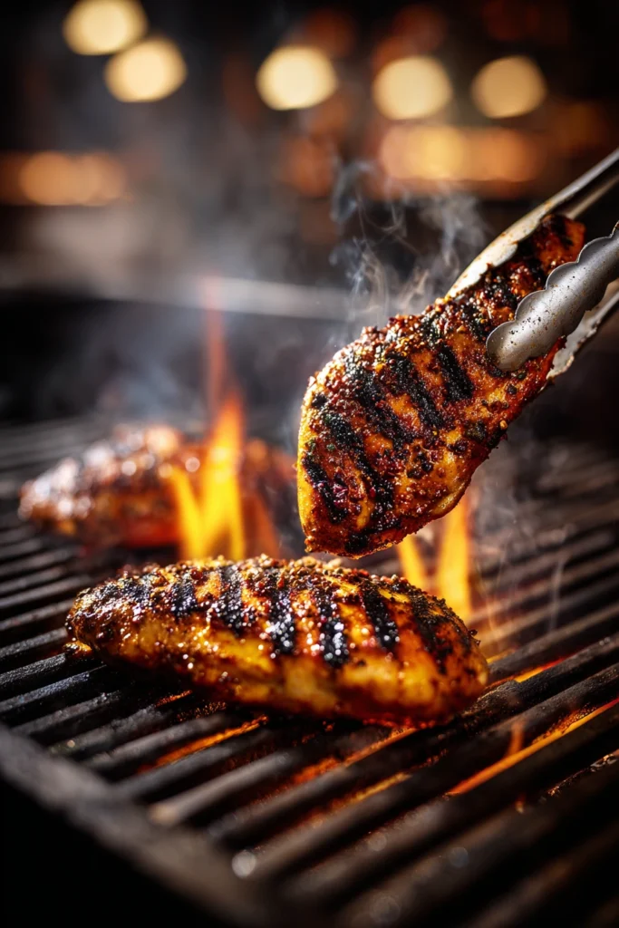Seasoned chicken breasts searing over direct flames on BBQ grill with deep grill marks and tongs flipping one piece