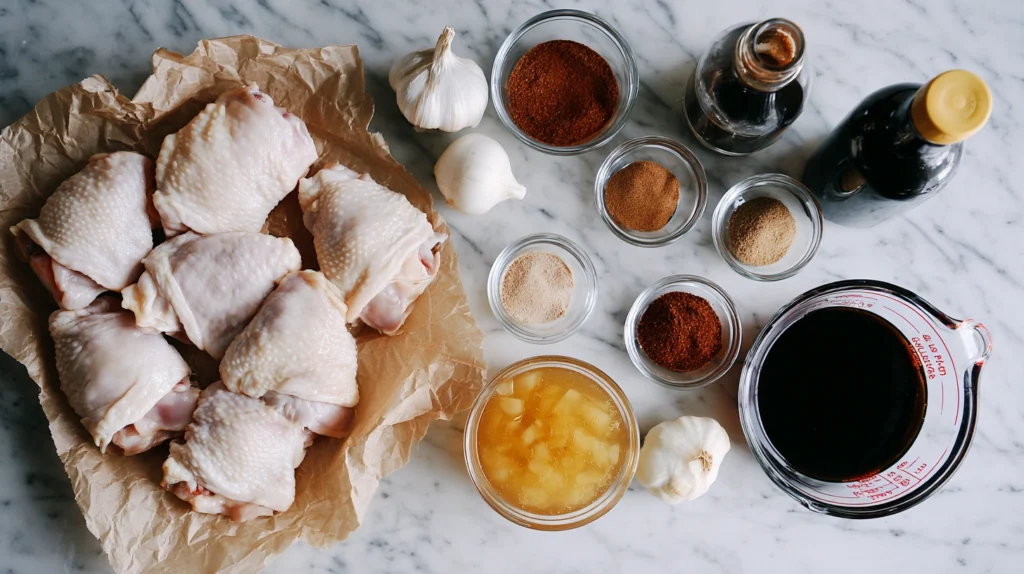 All ingredients for oven pulled chicken recipe laid out on a marble countertop including chicken thighs, spices, and braising liquid