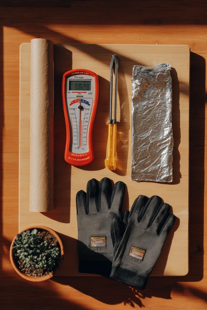 Essential BBQ grilling equipment flat-lay: instant-read thermometer, tongs, aluminum foil, and heat-resistant gloves