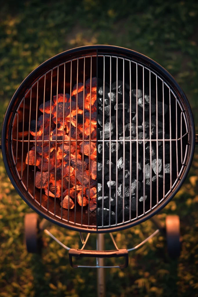 Top-down view of charcoal grill with two-zone setup showing hot coals on one side and empty cool zone on the other