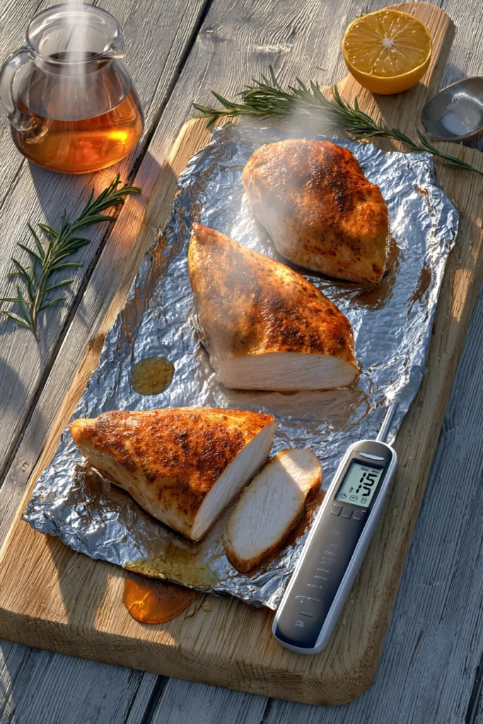 Perfectly grilled chicken breasts resting under aluminum foil tent on cutting board with thermometer showing 165°F and juicy sliced interior