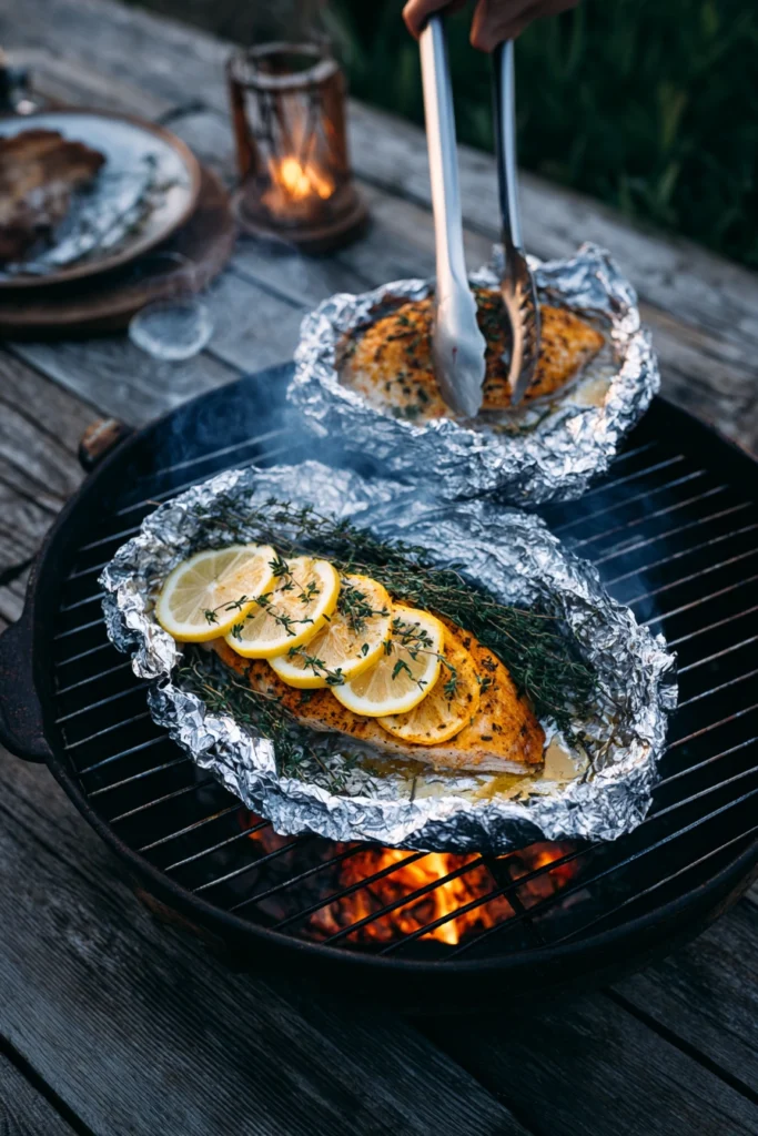 Open aluminum foil packet on BBQ grill showing seasoned chicken breast with melted butter, thyme, and lemon slices steaming inside