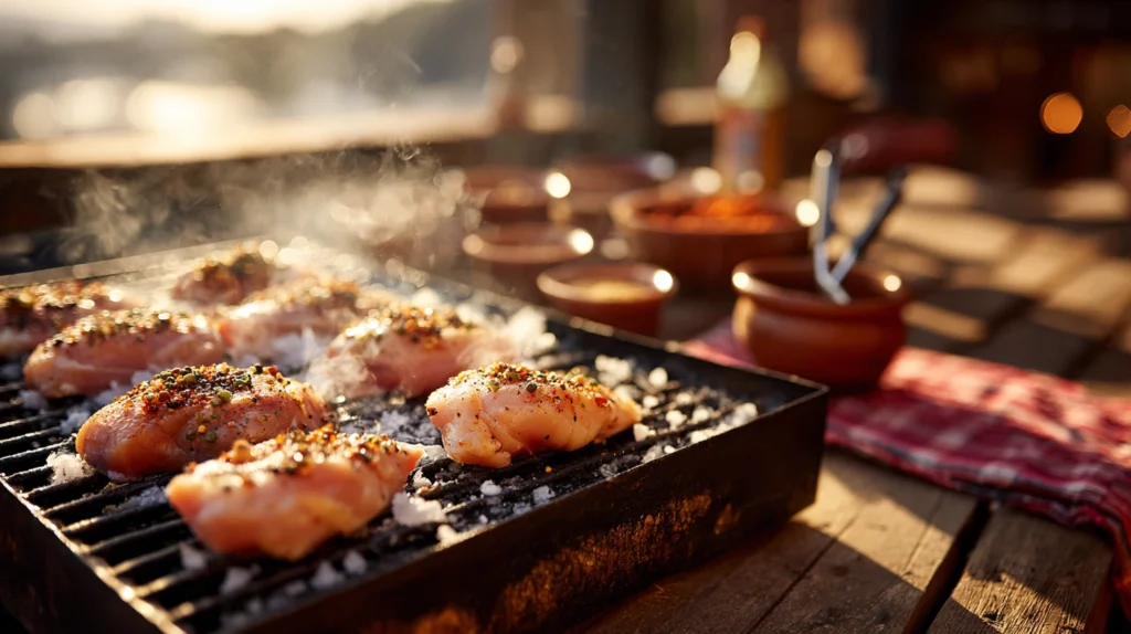 Frozen chicken breasts placed on a hot BBQ charcoal grill with steam rising and glowing coals underneath