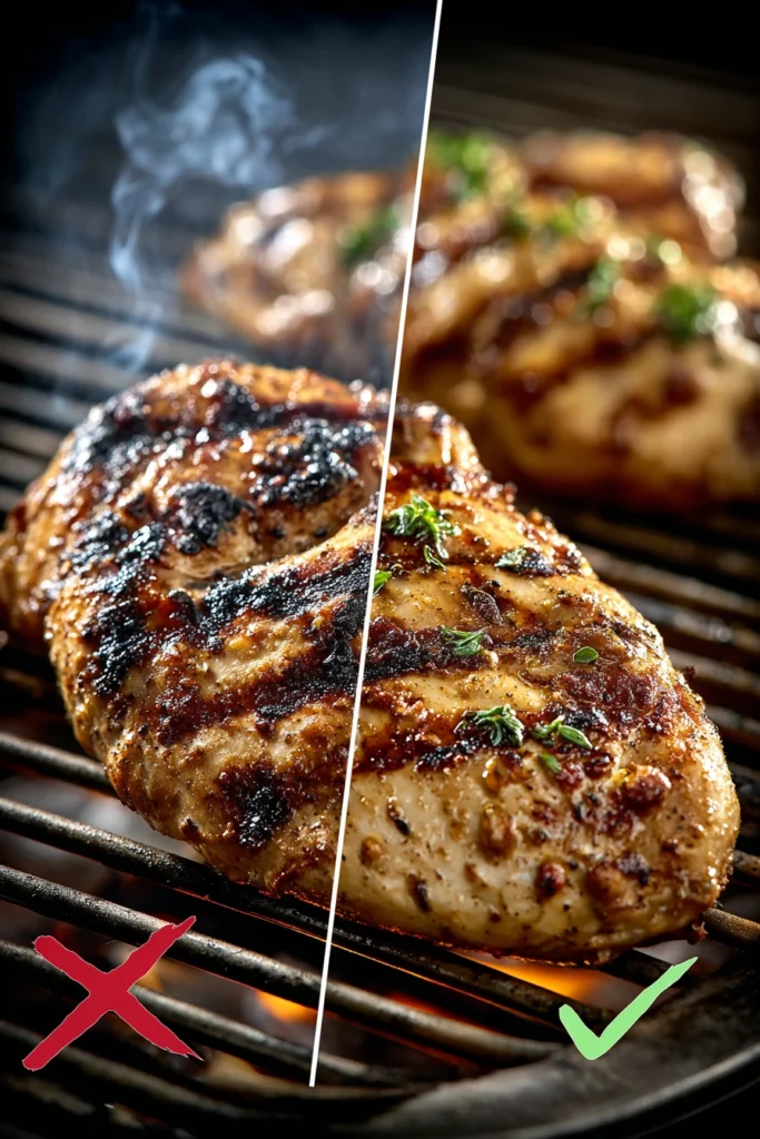 Split comparison of burnt frozen chicken from direct high heat versus perfectly grilled chicken using the two-zone method
