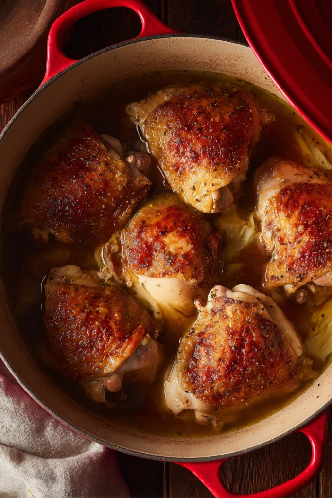 Seasoned chicken thighs in a Dutch oven ready for slow oven cooking