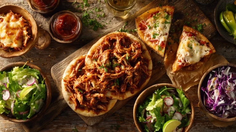 What to do with leftover BBQ chicken – 15 easy recipe ideas including tacos, pizza, nachos, and salads displayed on a rustic wooden board