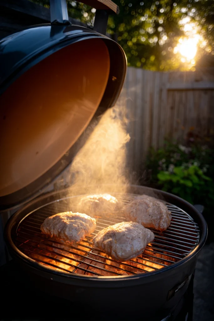 Frozen chicken breasts cooking on the indirect cool side of a BBQ grill with steam rising and hot coals on the opposite side