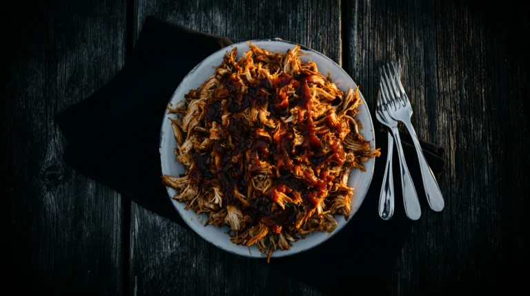 How to make pulled chicken in the oven – tender shredded chicken in a bowl with BBQ sauce