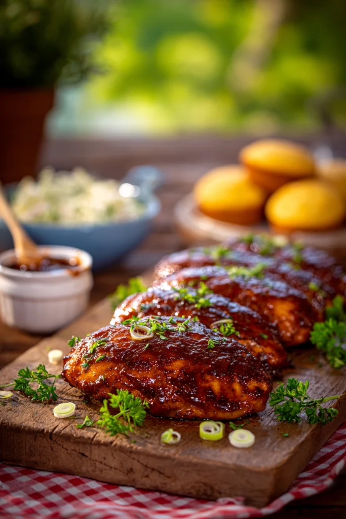 Four glazed smoky BBQ chicken breasts on wooden serving board with parsley garnish, BBQ sauce, coleslaw, and cornbread