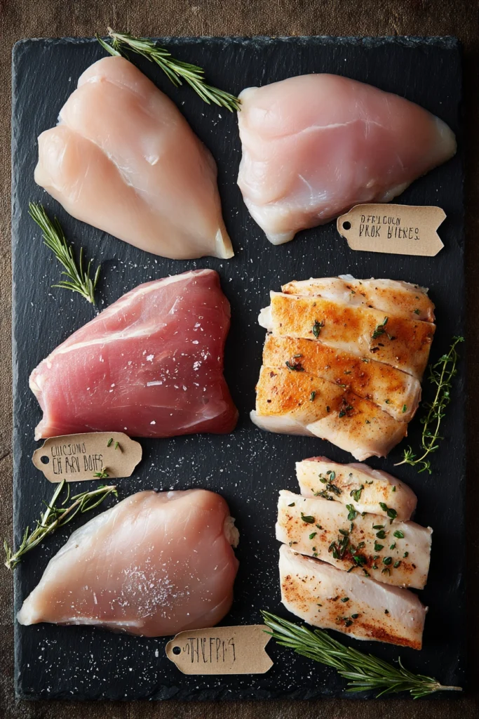 Four best frozen chicken cuts for BBQ: boneless breasts, thighs, tenders, and pre-marinated pieces on dark slate board