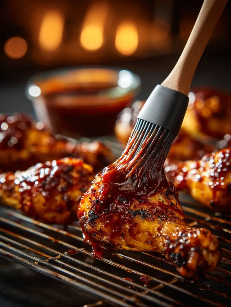 Brushing thick BBQ sauce onto golden baked chicken drumsticks with a silicone basting brush