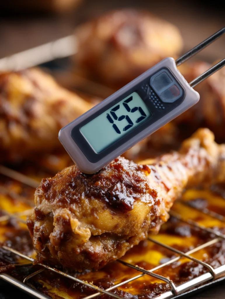 Meat thermometer showing 165°F internal temperature in a baked BBQ chicken drumstick