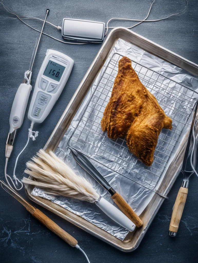 Essential tools for baking BBQ chicken legs including meat thermometer, wire rack, baking sheet, and basting brush