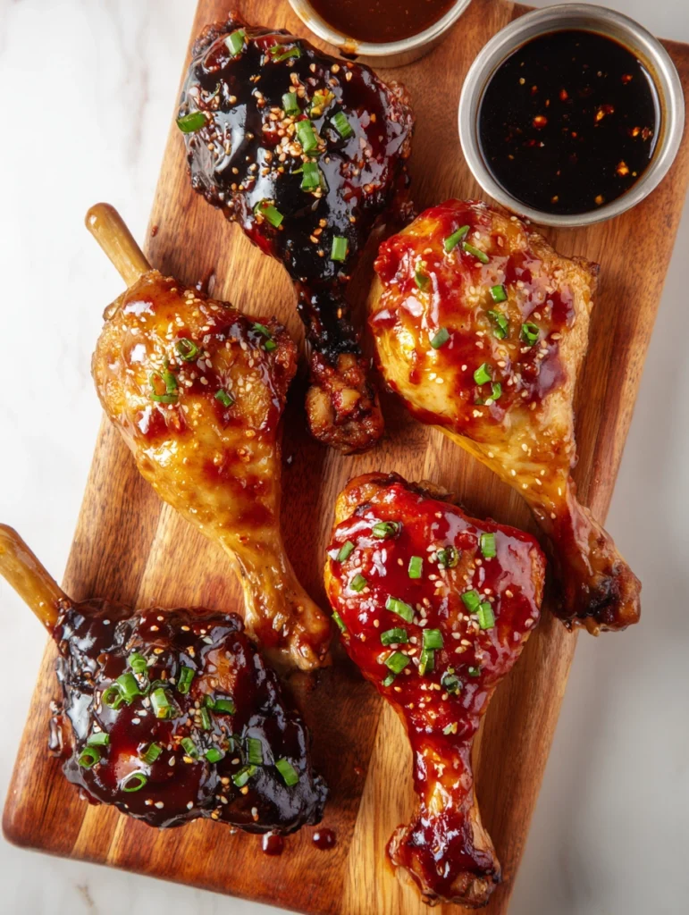 Four BBQ chicken leg variations: classic BBQ, honey garlic, Nashville hot, and Asian hoisin glaze