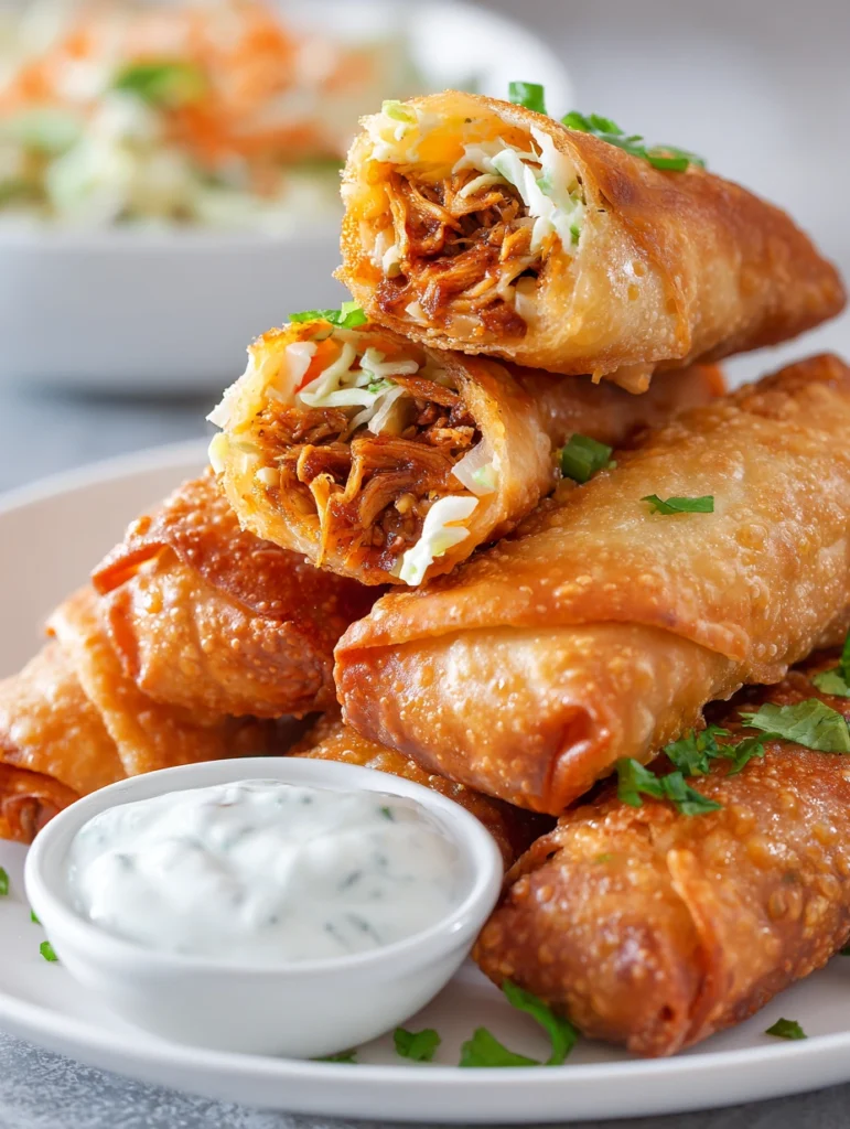 Crispy BBQ chicken egg rolls cut open showing chicken and cheese filling, served with ranch dipping sauce