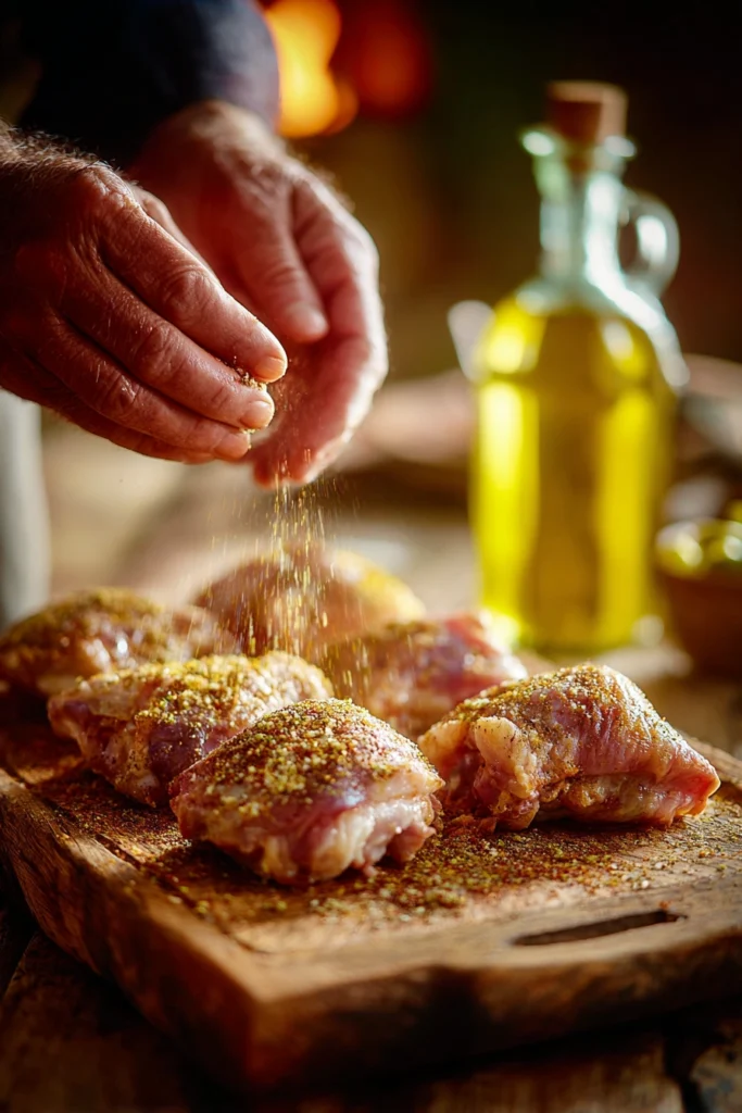 Rubbing spice mixture onto chicken thighs before oven cooking