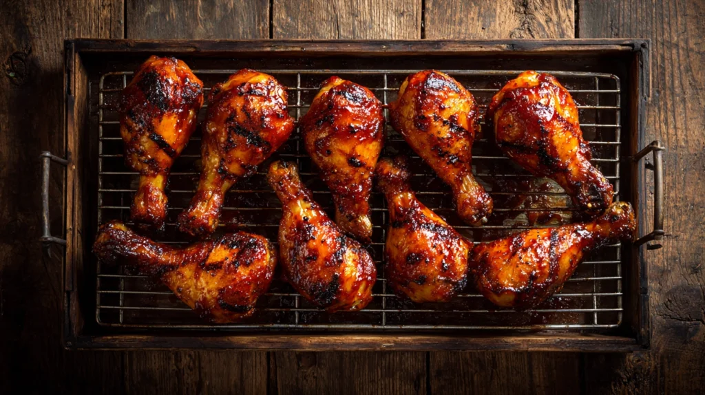 BBQ chicken legs baked in the oven on a wire rack with caramelized barbecue sauce glaze