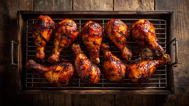 BBQ chicken legs baked in the oven on a wire rack with caramelized barbecue sauce glaze