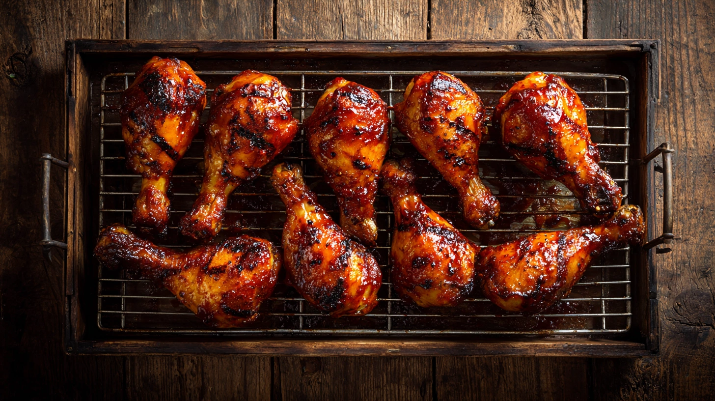 BBQ chicken legs baked in the oven on a wire rack with caramelized barbecue sauce glaze