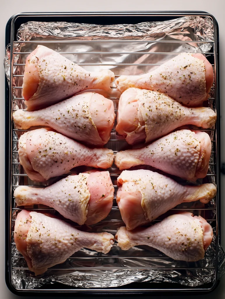 Seasoned chicken drumsticks arranged on a wire rack over a foil-lined baking sheet ready for the oven