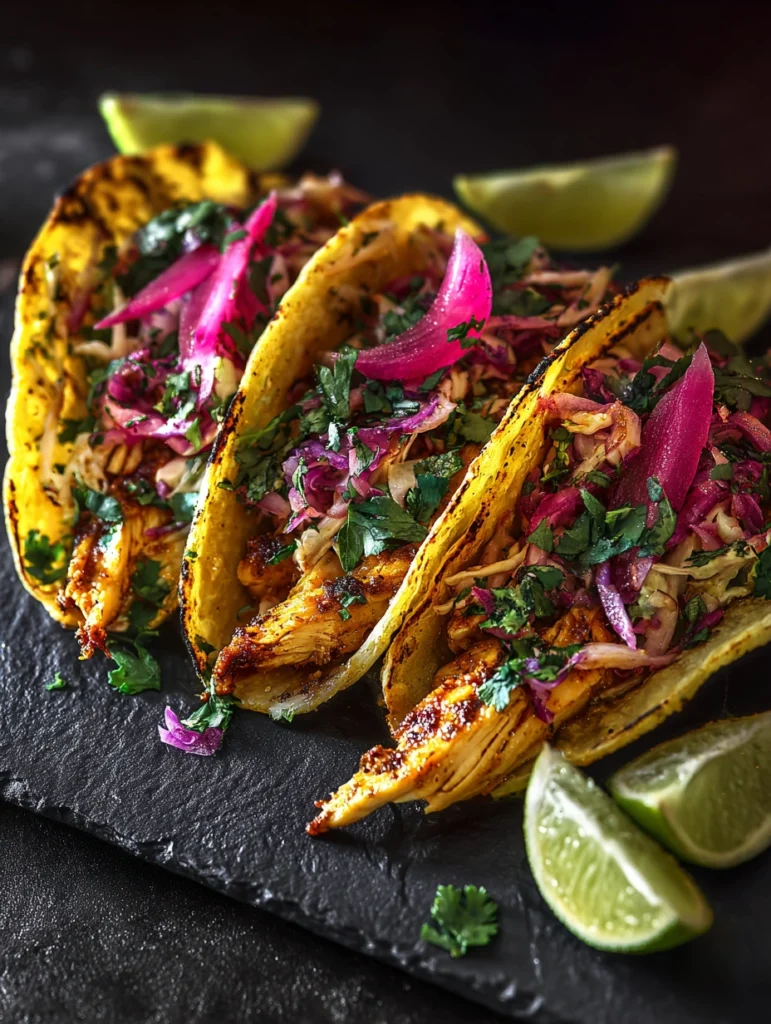 BBQ chicken tacos topped with coleslaw, pickled red onions, cilantro, and lime wedges served on a slate plate