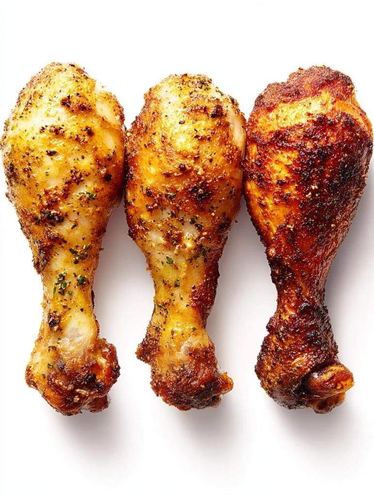 Comparison of BBQ chicken legs baked at 375°F, 400°F, and 425°F showing different crispiness levels