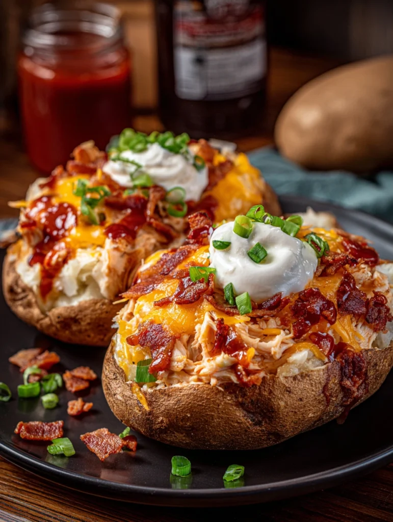 Loaded baked potatoes with BBQ chicken, melted cheddar, bacon, sour cream, and green onions