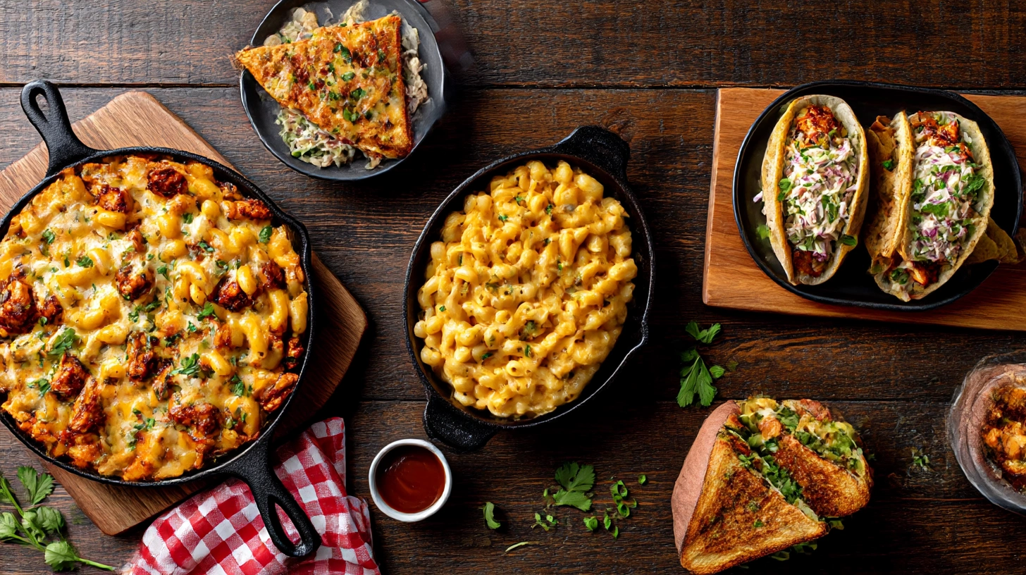 what to make with bbq chicken 15 easy delicious recipe ideas including nachos pizza tacos mac and cheese on rustic wooden table