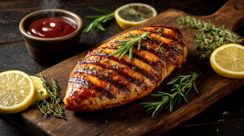 Grilled BBQ chicken breast with herb seasoning on a wooden cutting board showing perfect grill marks.
