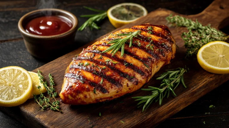 Grilled BBQ chicken breast with herb seasoning on a wooden cutting board showing perfect grill marks.