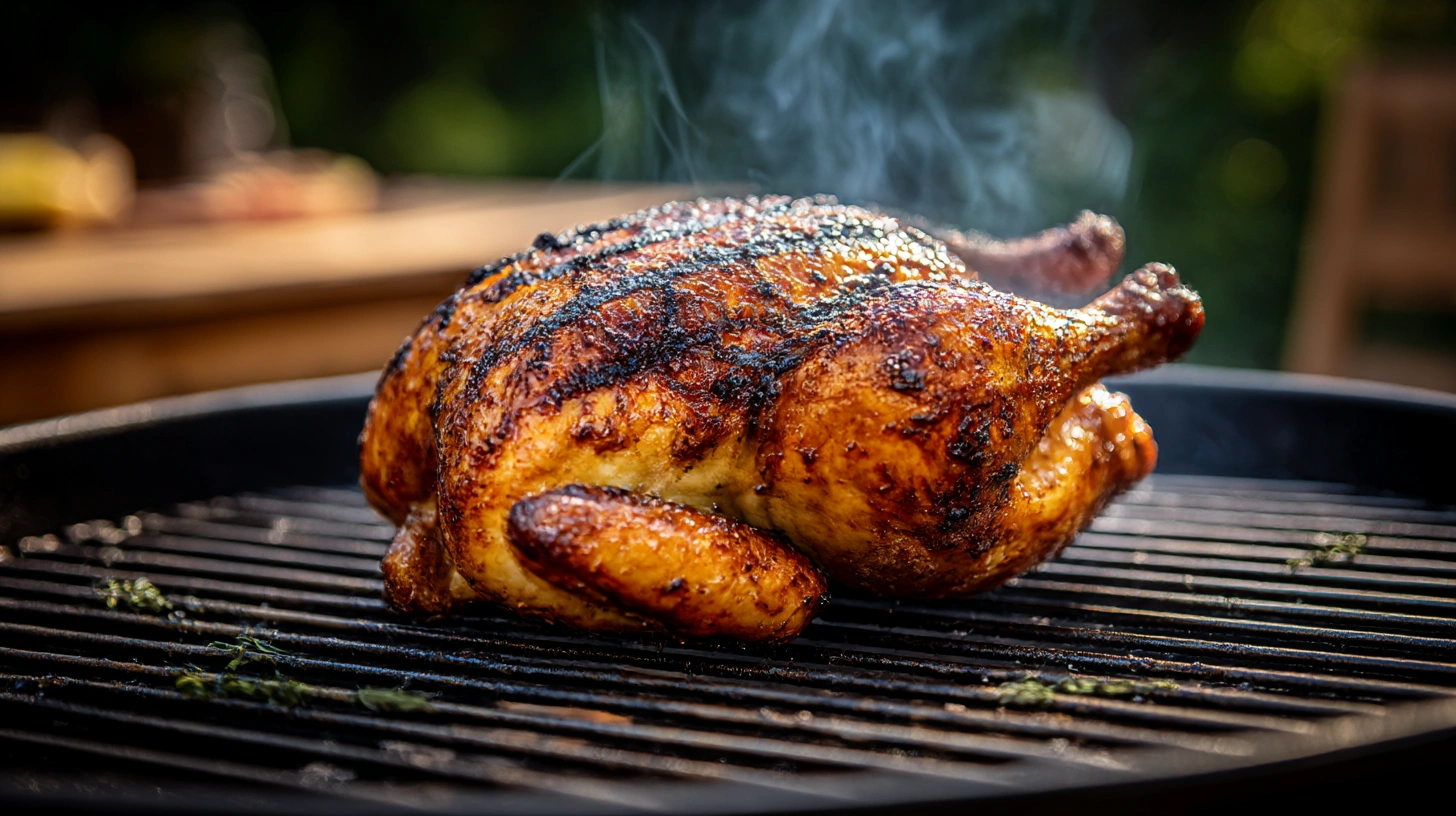 Perfectly grilled chicken with golden-brown skin and grill marks on a charcoal grill