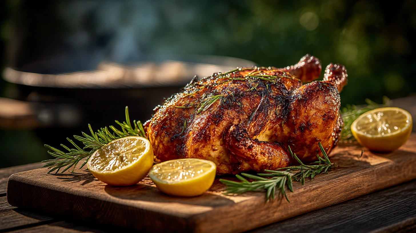 A perfectly BBQ whole chicken with crispy golden skin on a wooden cutting board next to a charcoal grill