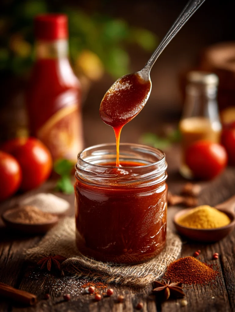 Homemade BBQ sauce in a mason jar with ingredients – ketchup, brown sugar, apple cider vinegar, and spices