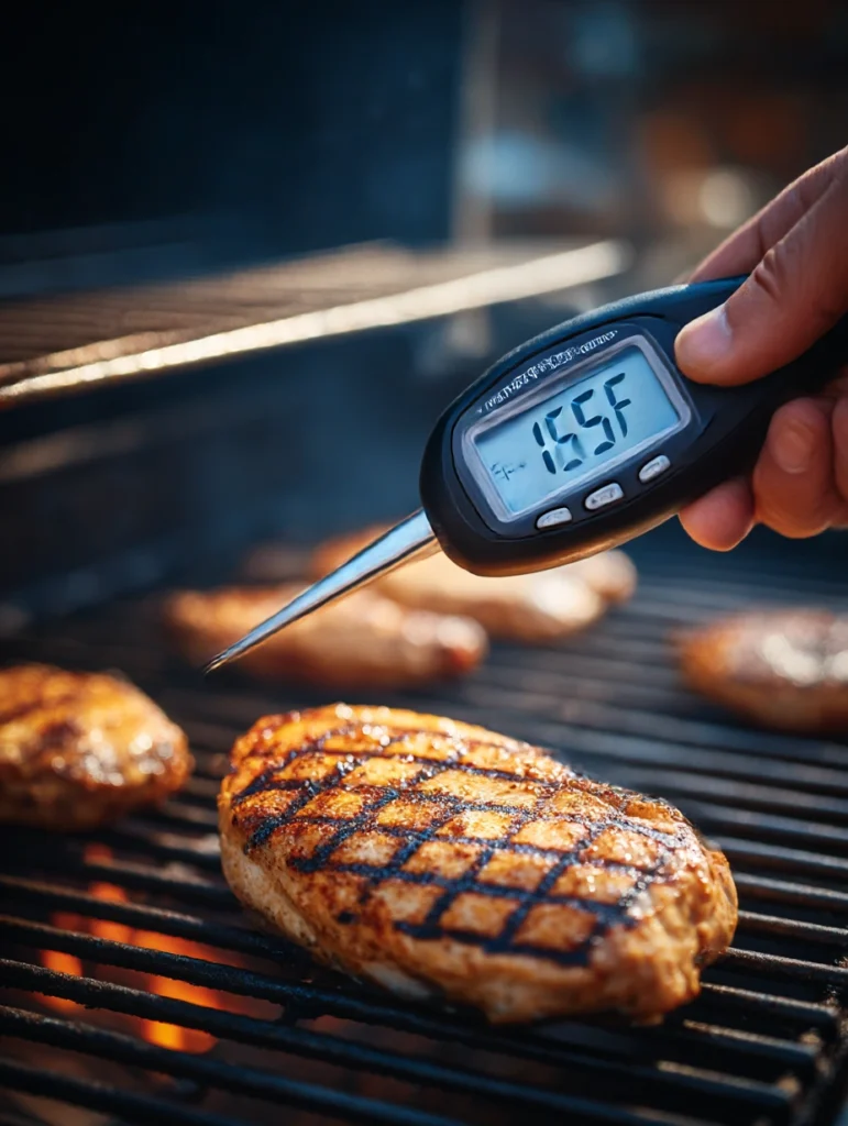 Instant-read meat thermometer showing 165°F inserted in grilled chicken breast