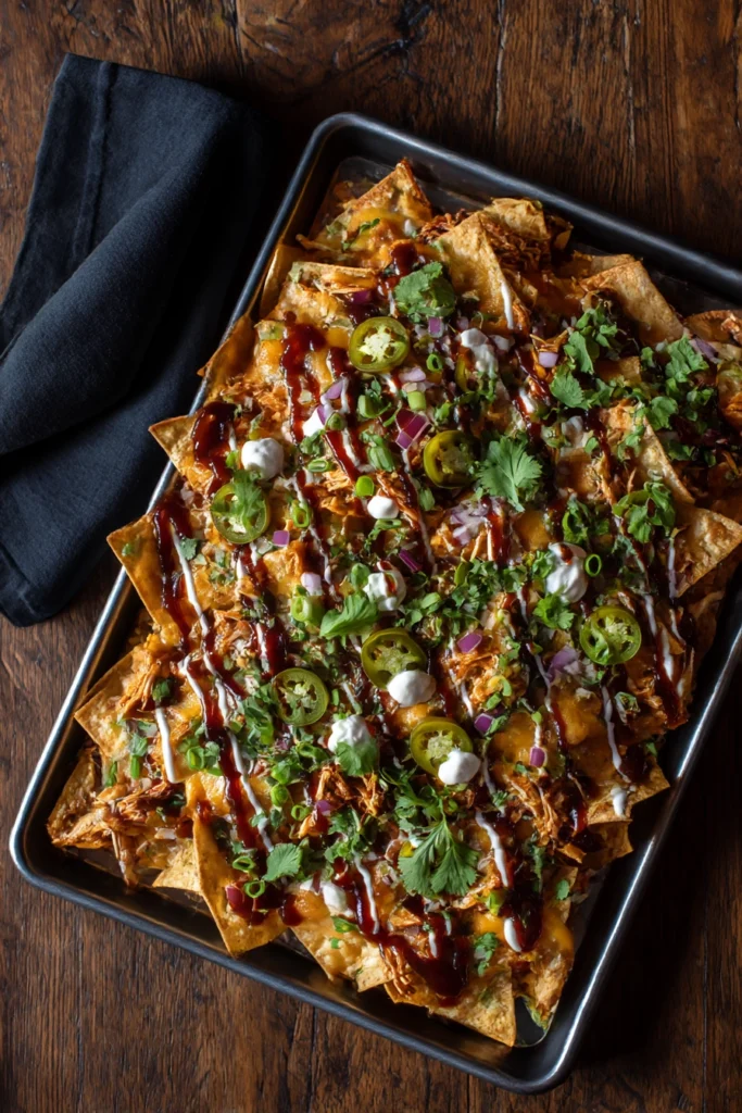 loaded bbq chicken nachos on sheet pan with melted cheese jalapeños sour cream cilantro and bbq sauce drizzle