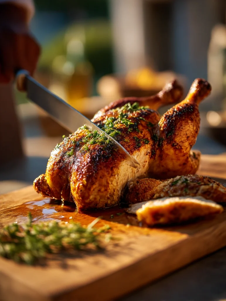 Carving a juicy BBQ whole chicken on a wooden cutting board showing crispy skin and moist meat