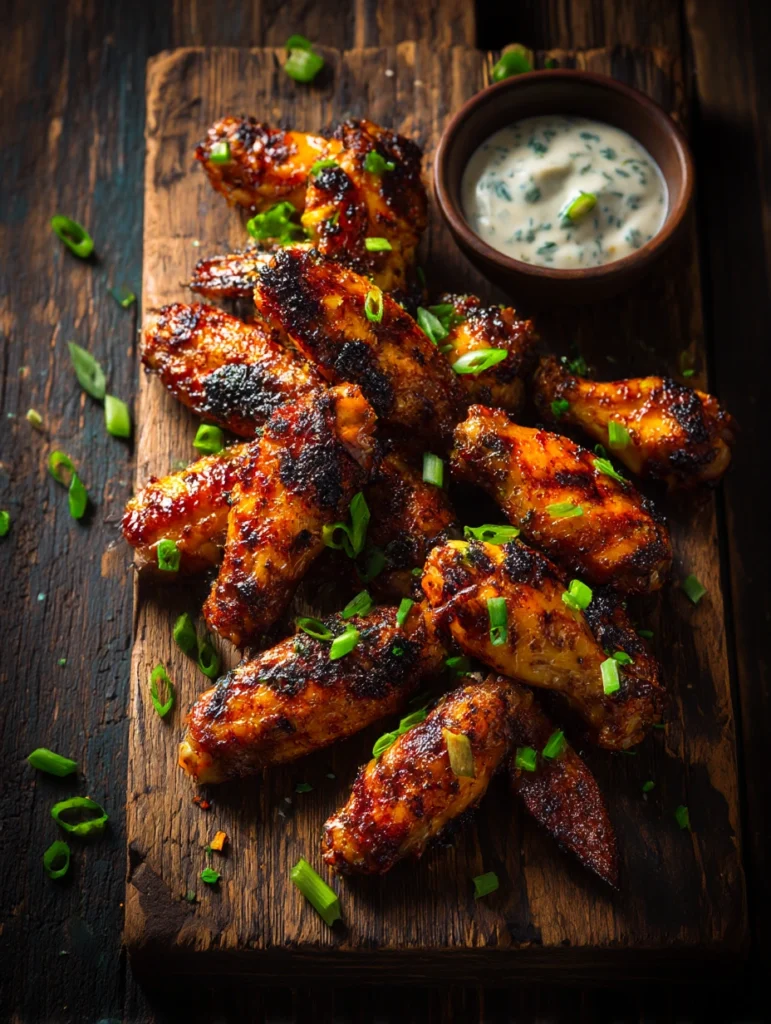 Crispy grilled chicken wings on a wooden cutting board with dipping sauce