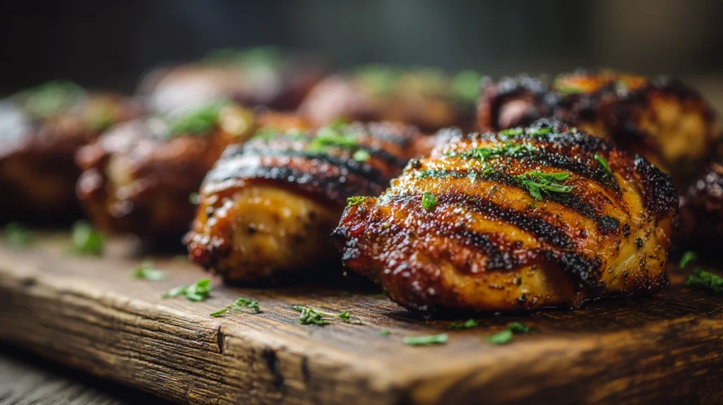 Grilled chicken thighs with crispy golden skin and grill marks on a wooden cutting board