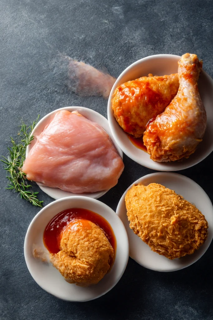 Comparison of chicken breast, thigh, BBQ leg, and fried chicken showing different calorie and fat levels.