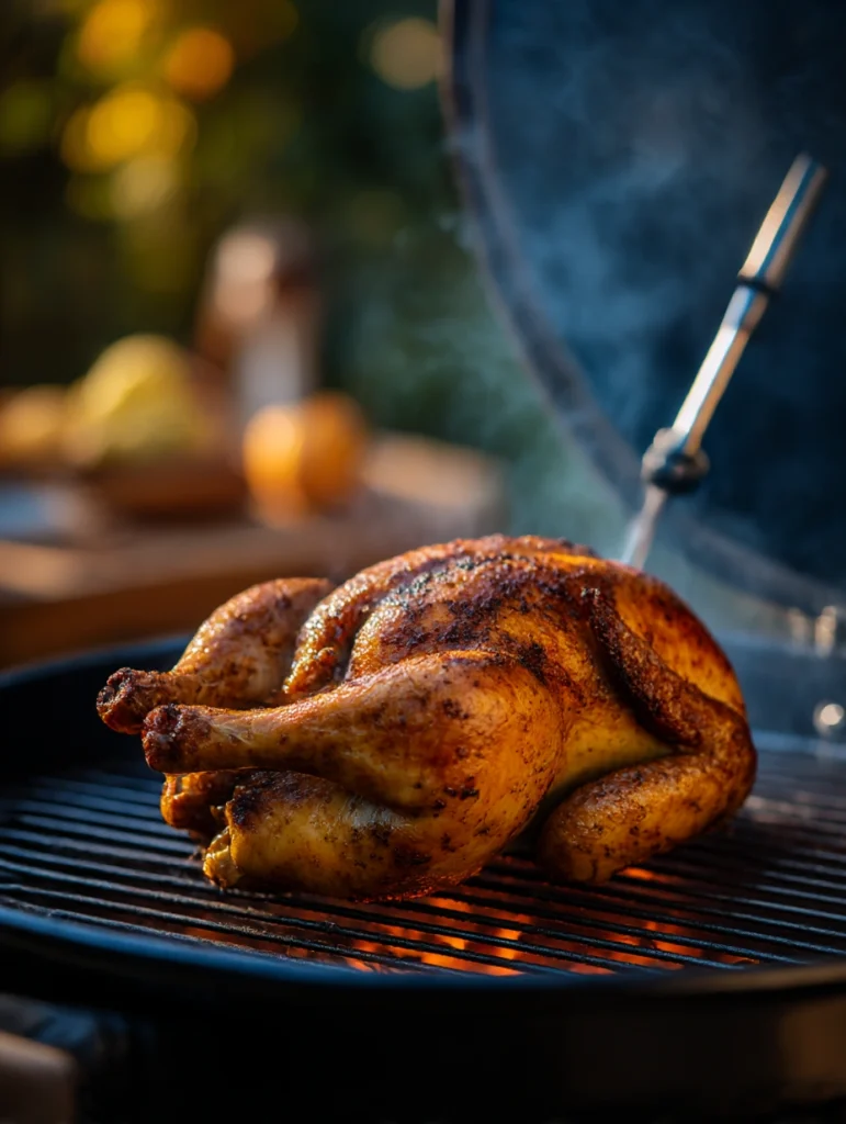 Whole chicken cooking on a charcoal grill with indirect heat and a meat thermometer in the thigh