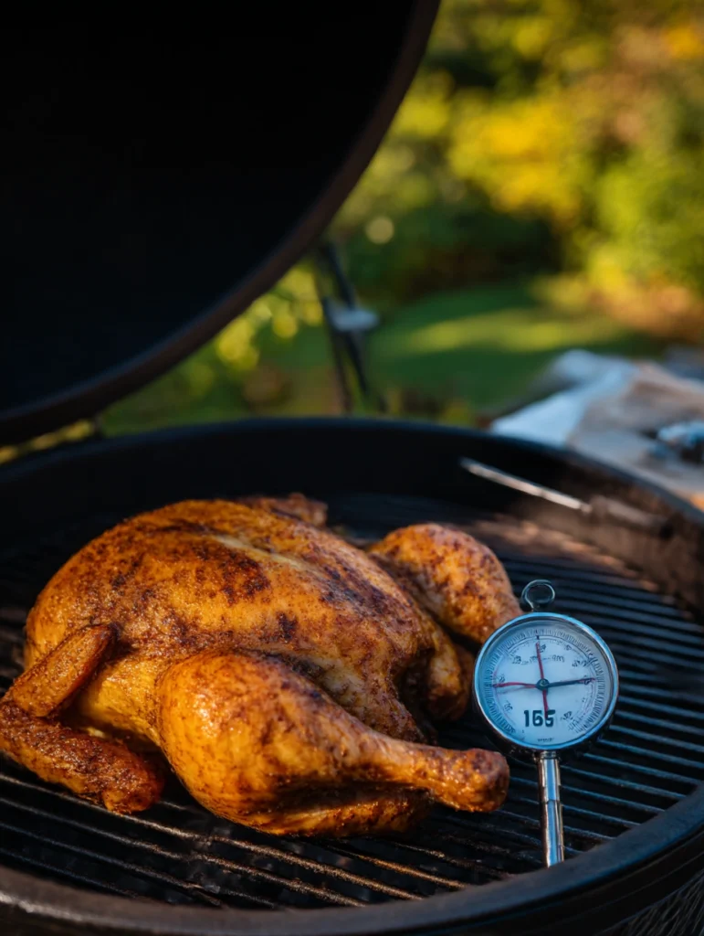 Spatchcocked whole chicken grilling with indirect heat and a meat thermometer reading 165°F
