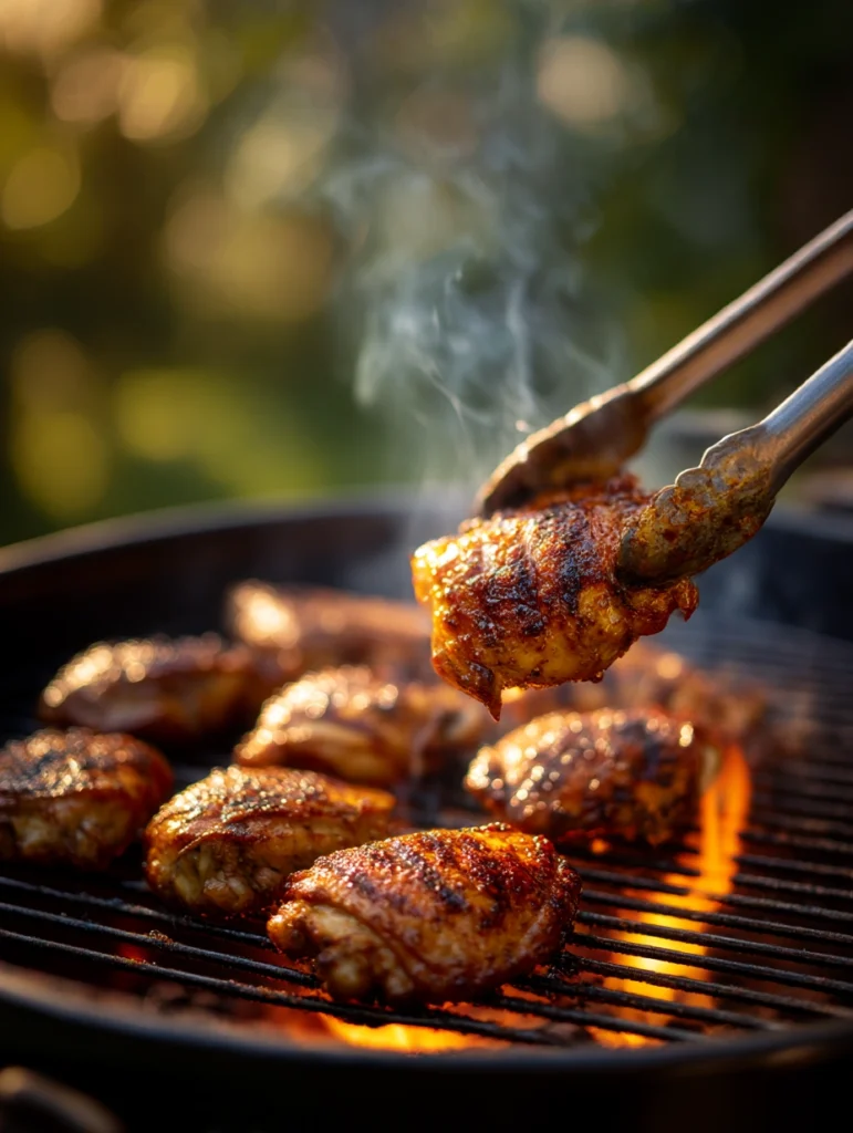 BBQ chicken thighs cooking over direct charcoal heat with crispy skin and grill marks