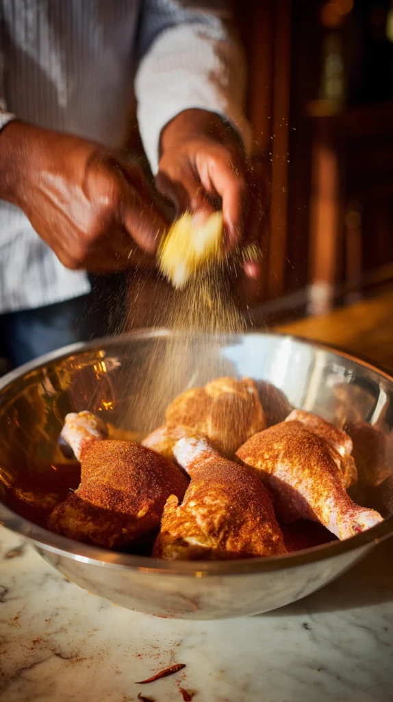 Hands massaging homemade BBQ dry rub spice mixture onto chicken legs in a mixing bowl