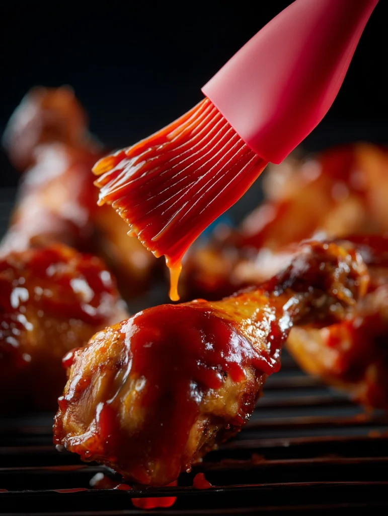 Brushing BBQ sauce on oven baked chicken legs for caramelization